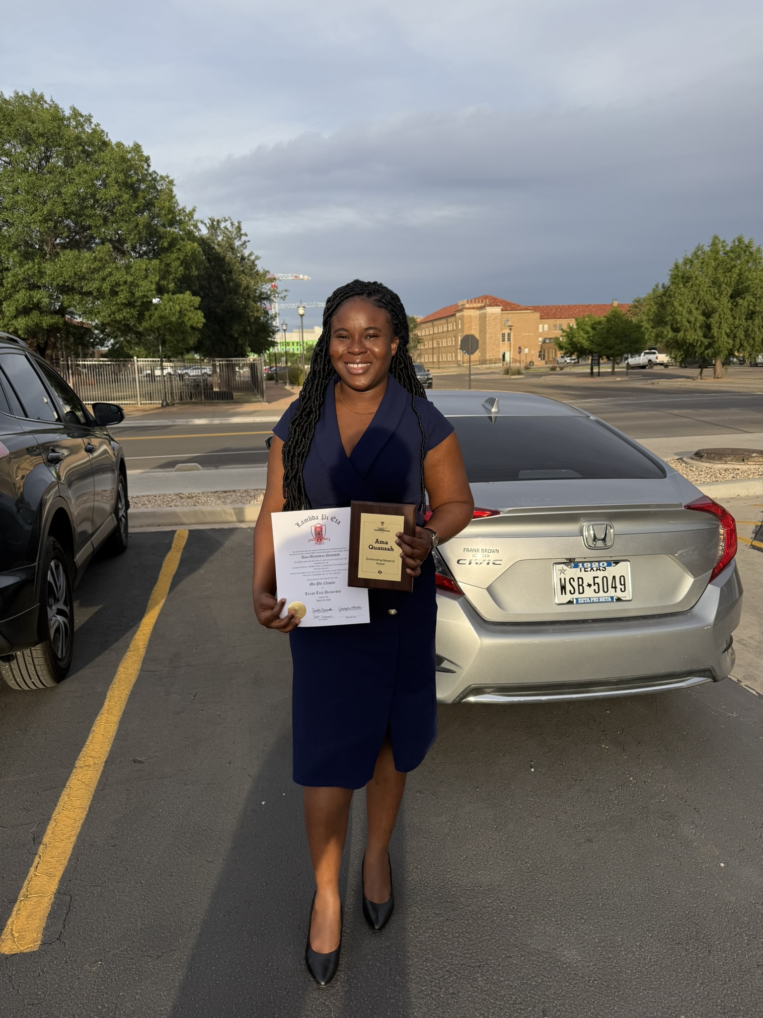 Outstanding Research Award and Lambda Pi Eta induction certificate at the TTU Communication Studies Spring 2026 Awards Ceremony